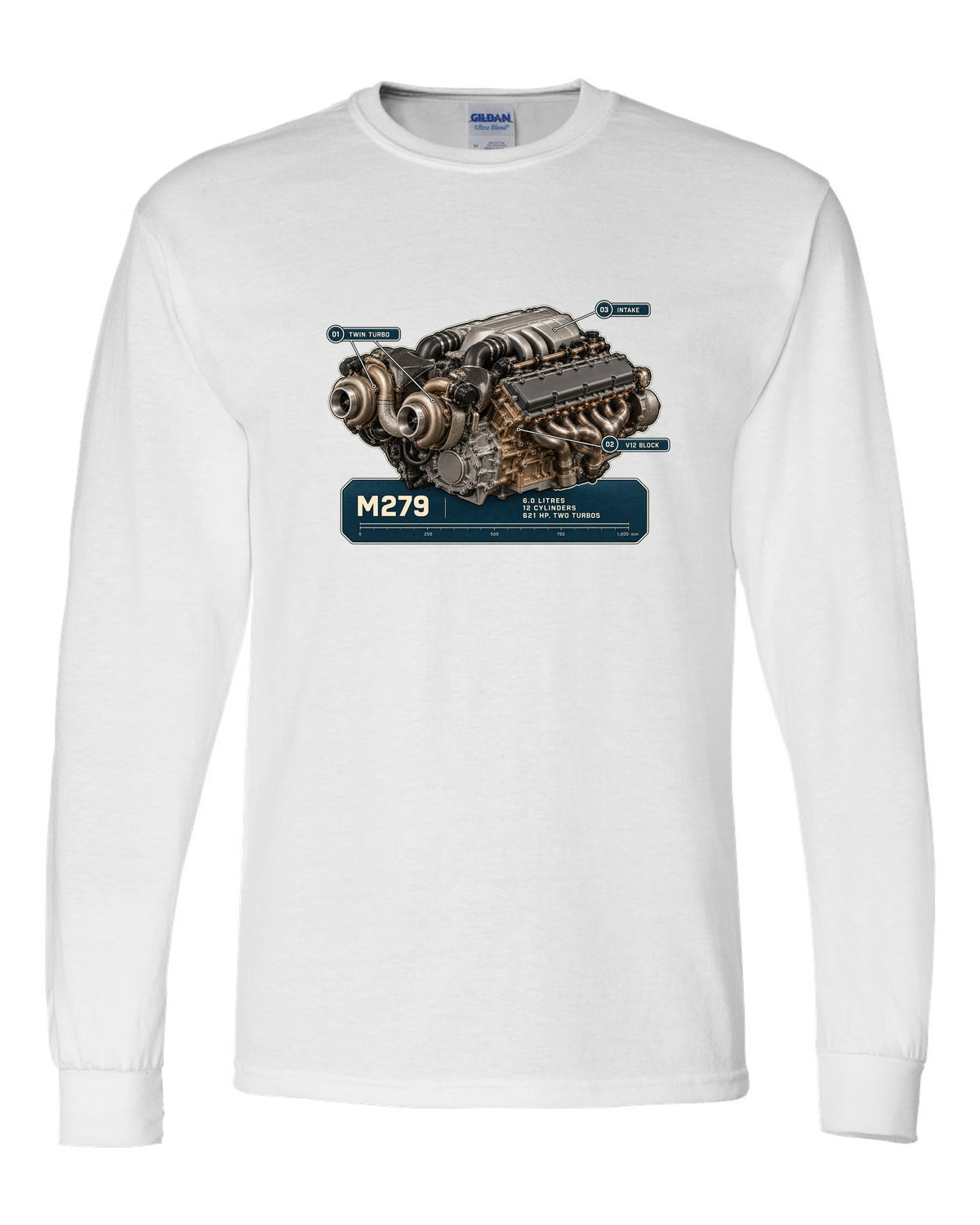 Mercedes-Maybach S680 M279 6.0 litre V12 biturbo engine hero print white long sleeve front view with the design