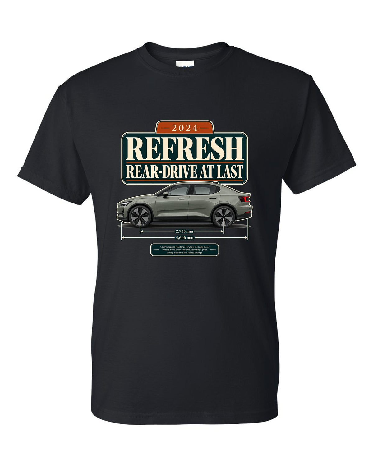 Polestar 2 2024 refresh editorial headline print on a shirt black t-shirt front view with the design