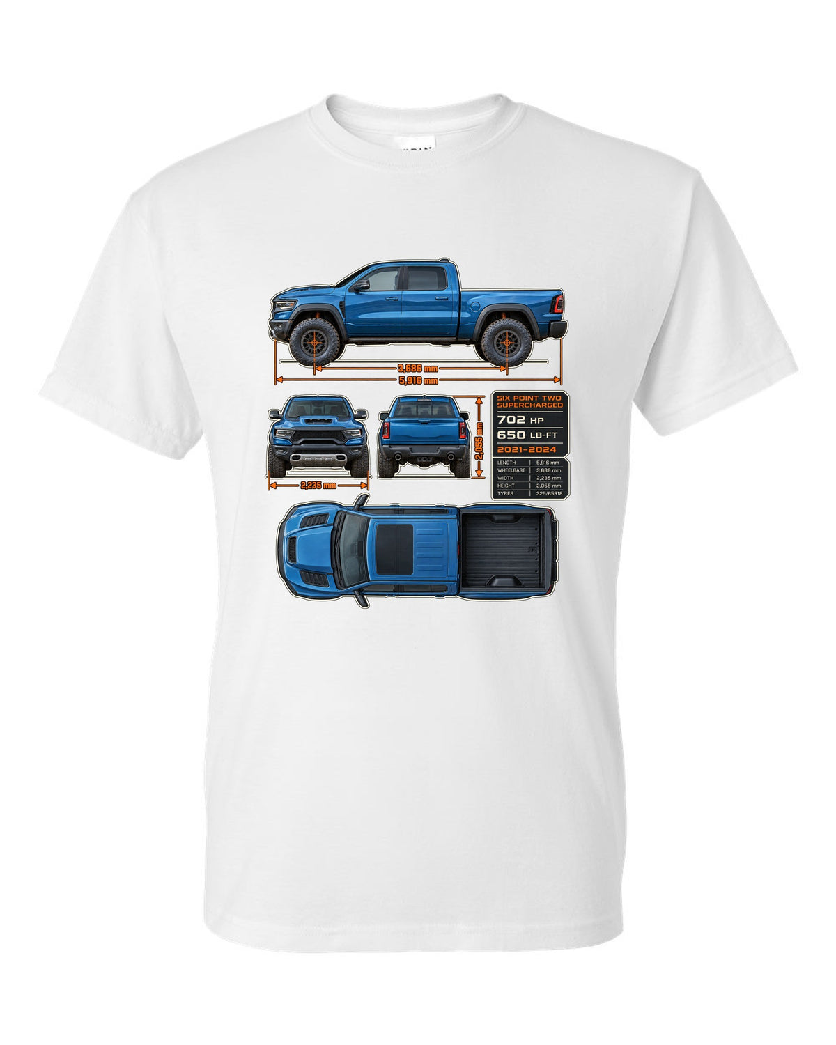 Ram 1500 TRX 2021-2024 dimension blueprint plate print white t-shirt front view with the design