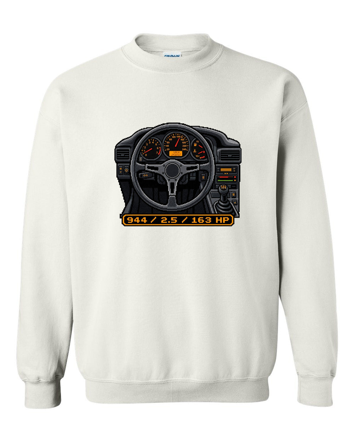Dot-matrix pixel art of a Porsche 944 styled like a digital dash display white crewneck front view with the design