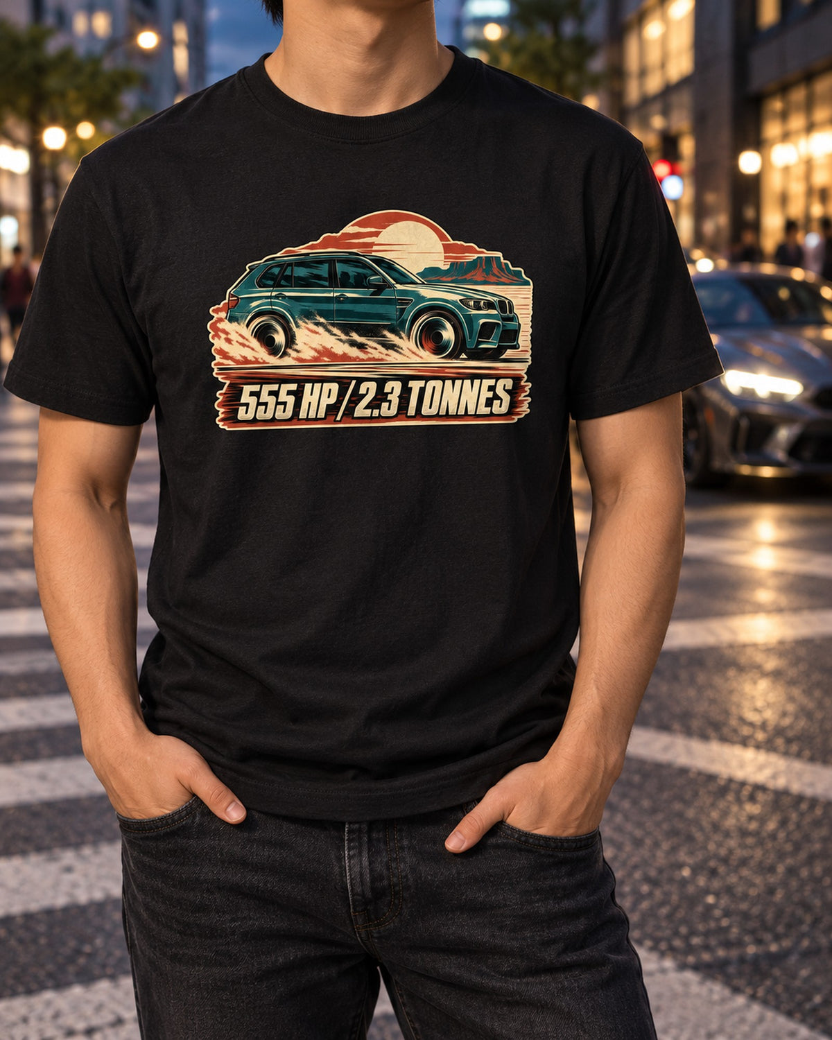 BMW X5 M E70 Vintage Race Poster Tee, Heavy SUV Humor T-Shirt Black worn hero