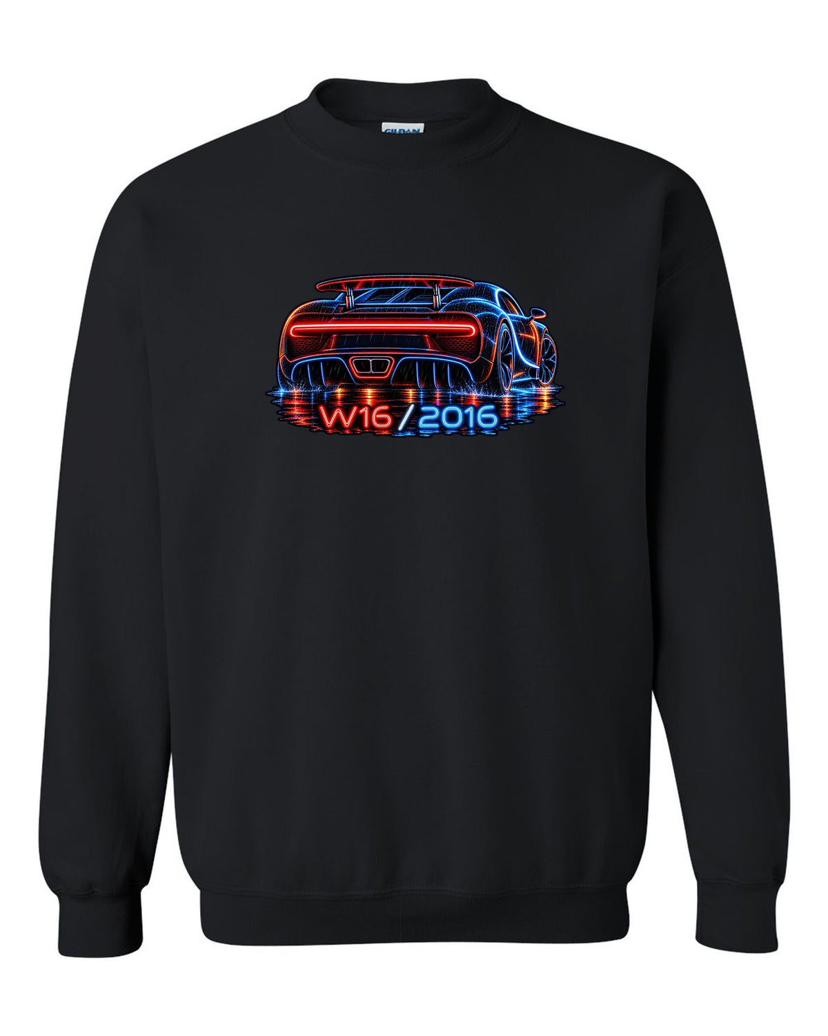 Neon sign style illustration of the Bugatti Chiron rear light bar in rain with W16 2016 lettering black crewneck front view with the design