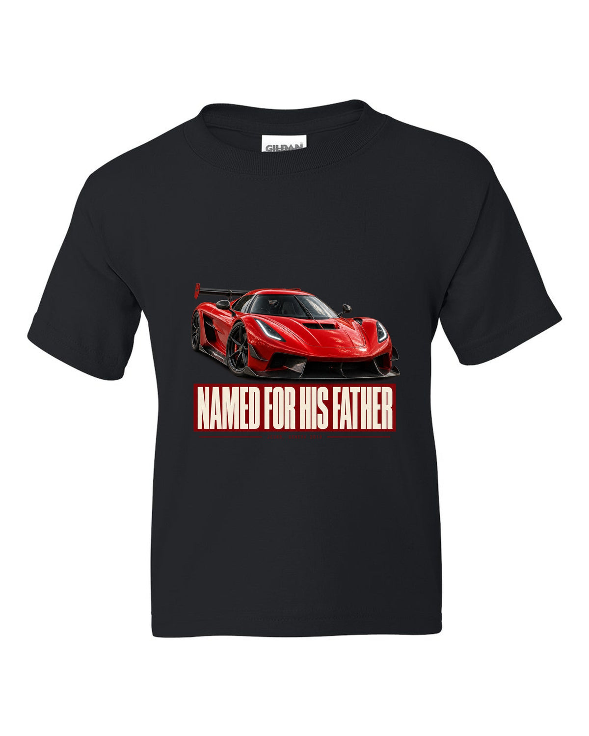 Editorial headline poster of a Koenigsegg Jesko Attack front three-quarter, print black kids tee front view with the design