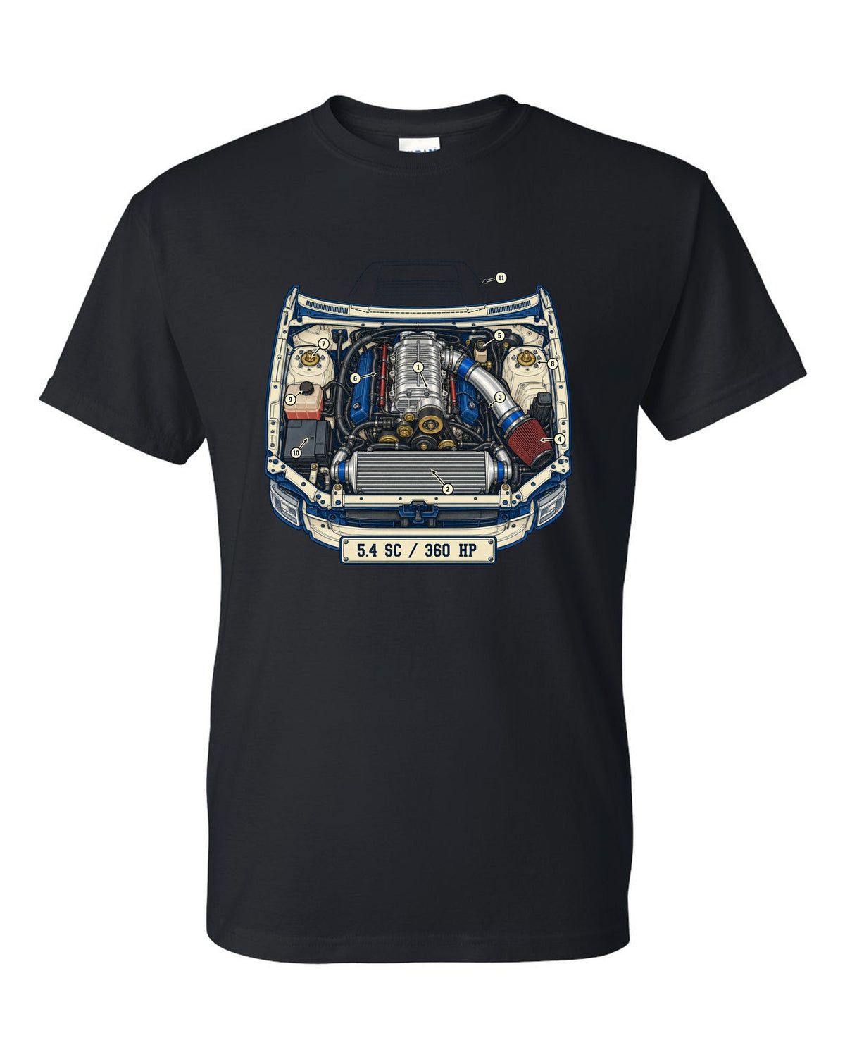 Ford F-150 SVT Lightning second generation as a patent-style technical drawing black t-shirt front view with the design