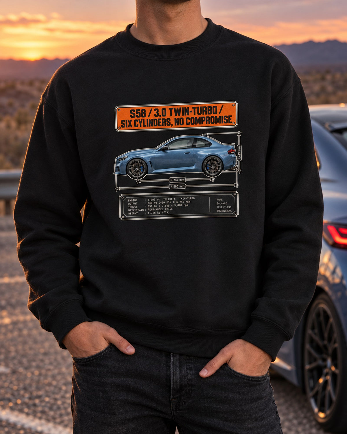 BMW M2 G87 Dimension Blueprint Tee, S58 Six-Cylinder Car Shirt Crewneck Black worn hero