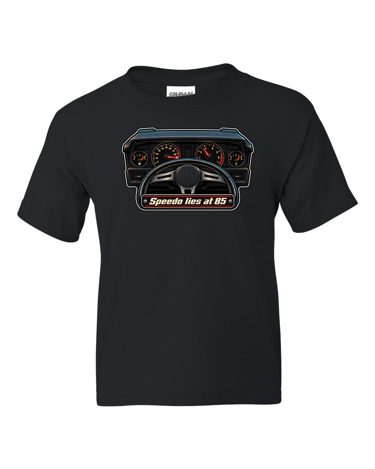 Gauge-cluster HUD print for a Ford Mustang Fox Body GT with speedo text black kids tee front view with the design