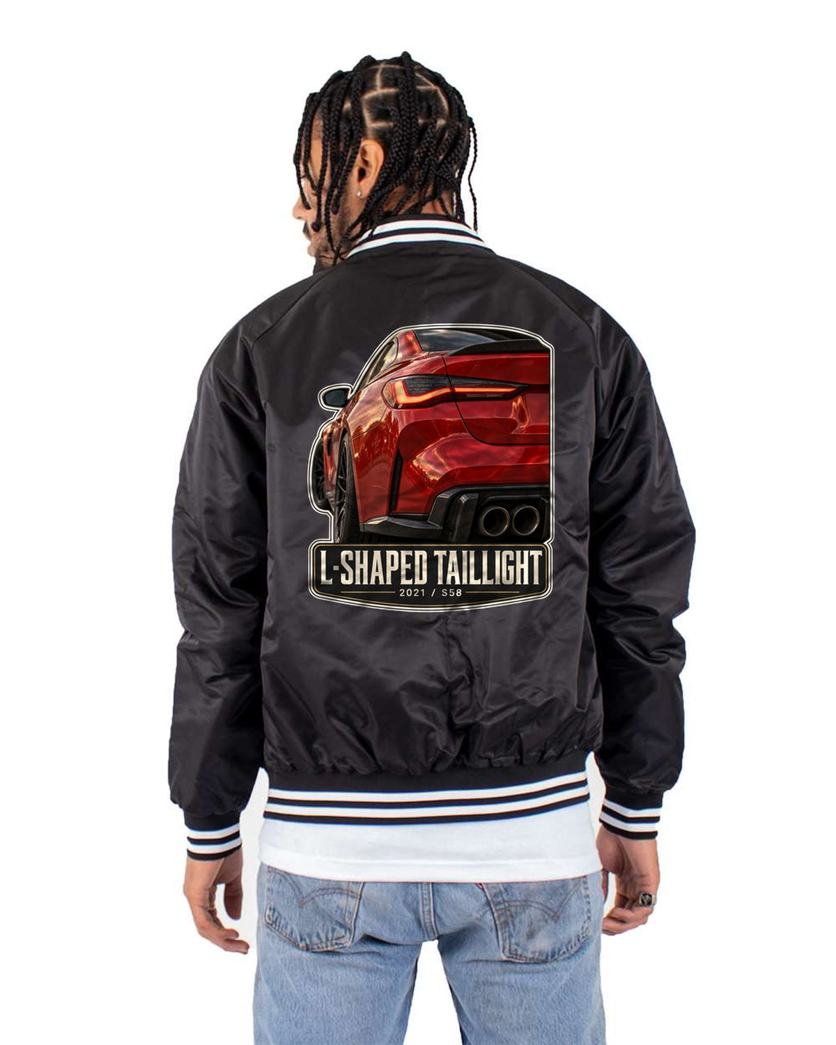BMW M4 Competition G82 Taillight Macro Tee, S58 Car Guy Shirt Bomber Jacket Black back