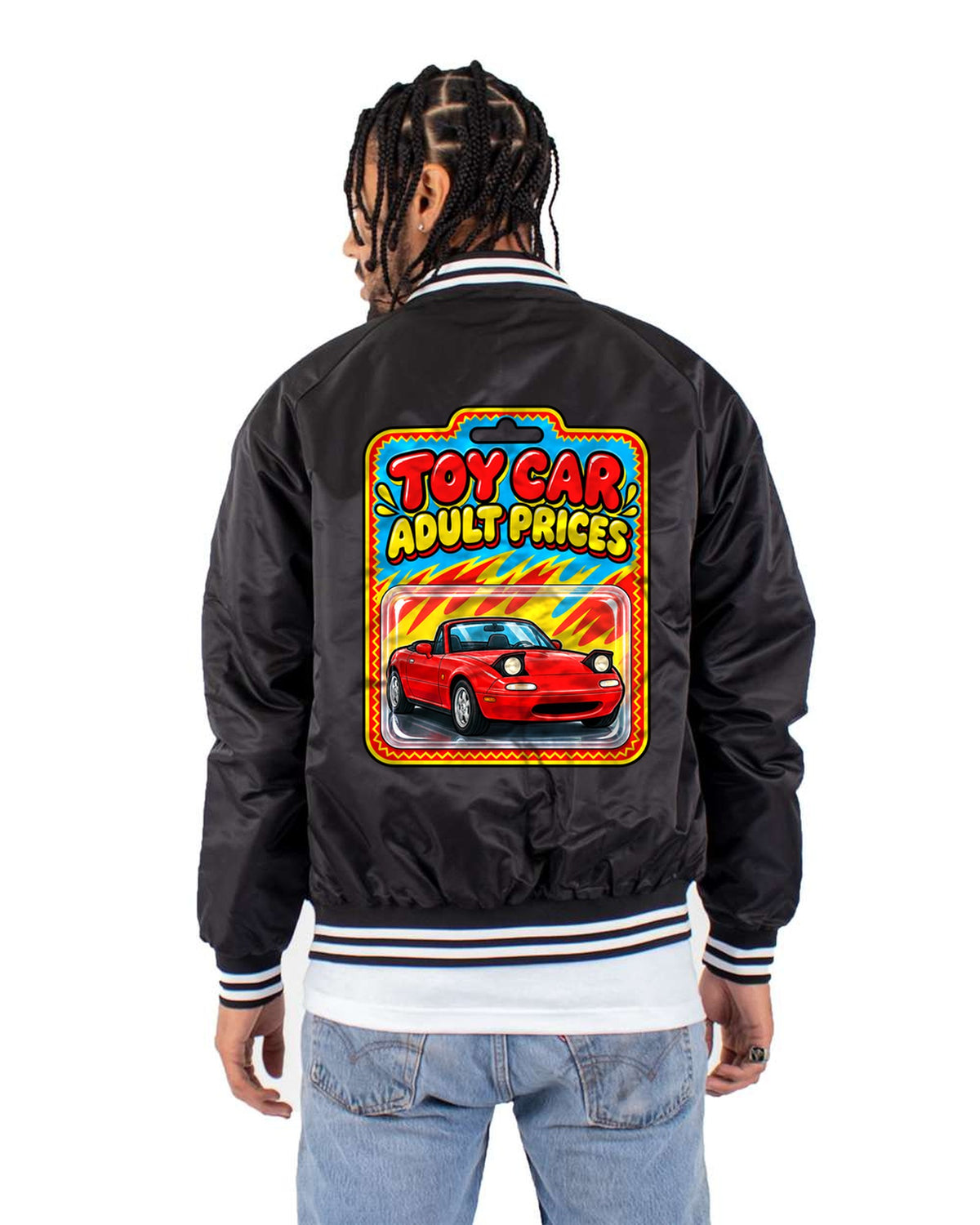 Mazda MX-5 NA Blister Card Toy Car Style Shirt, Car Gift Bomber Jacket Black back
