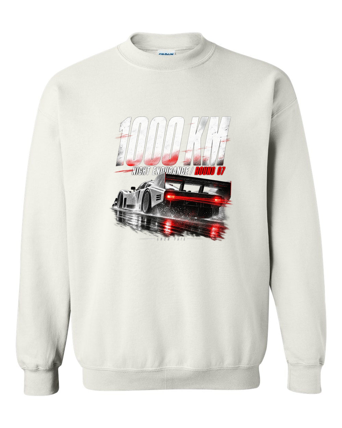 Porsche 962 Group C night endurance race poster print white crewneck front view with the design