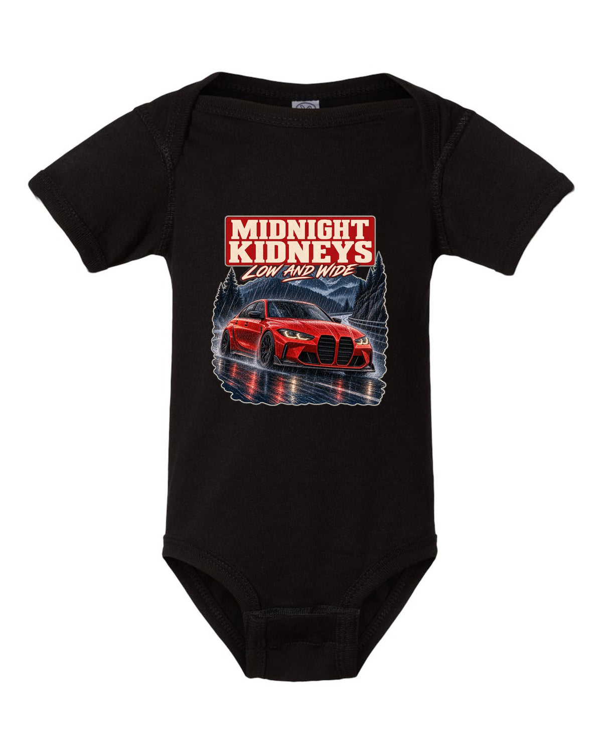 BMW M3 Competition G80 night street print with midnight kidneys text black baby onesie front view with the design