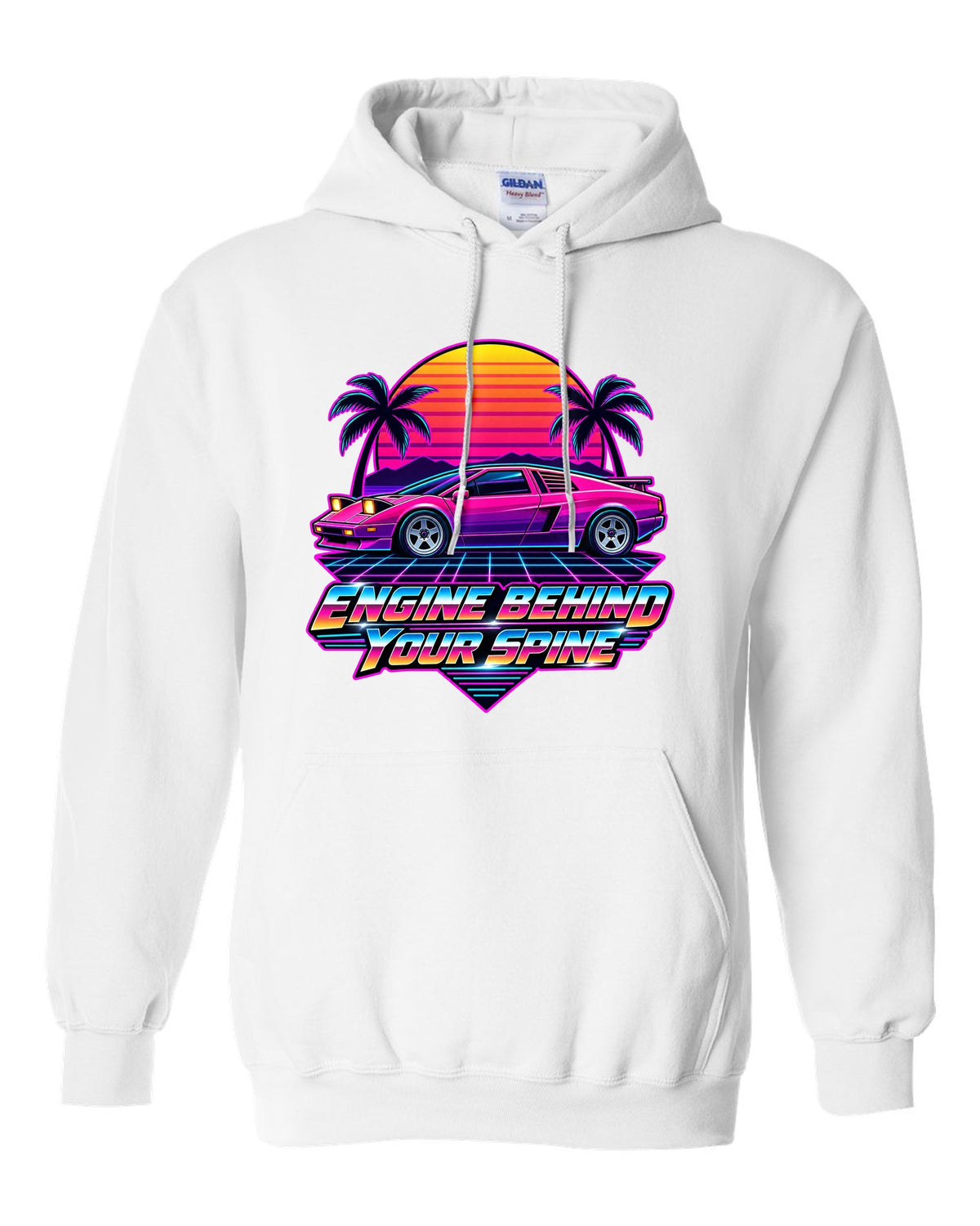 Synthwave sunset grid with a Toyota MR2 AW11 driving toward the horizon white pull over hoodie front view with the design