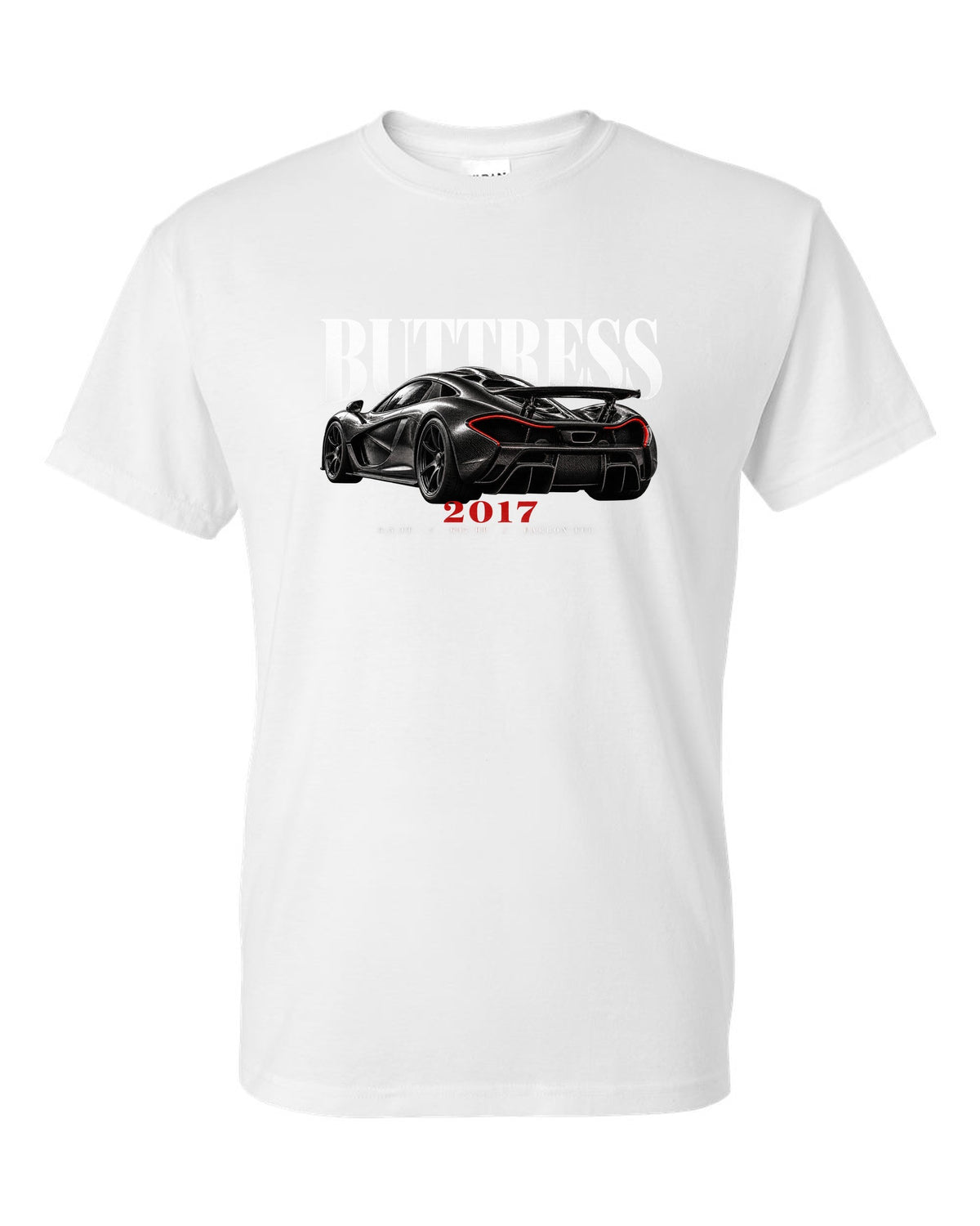Ford GT 2017-22 buttress editorial print with 3.5 TT, 647 HP and carbon tub text white t-shirt front view with the design