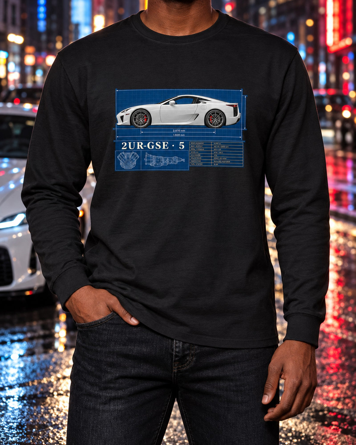 Lexus LFA10 Spec Poster Shirt, 552 HP Carbon Tub Tee Long Sleeve Black worn hero