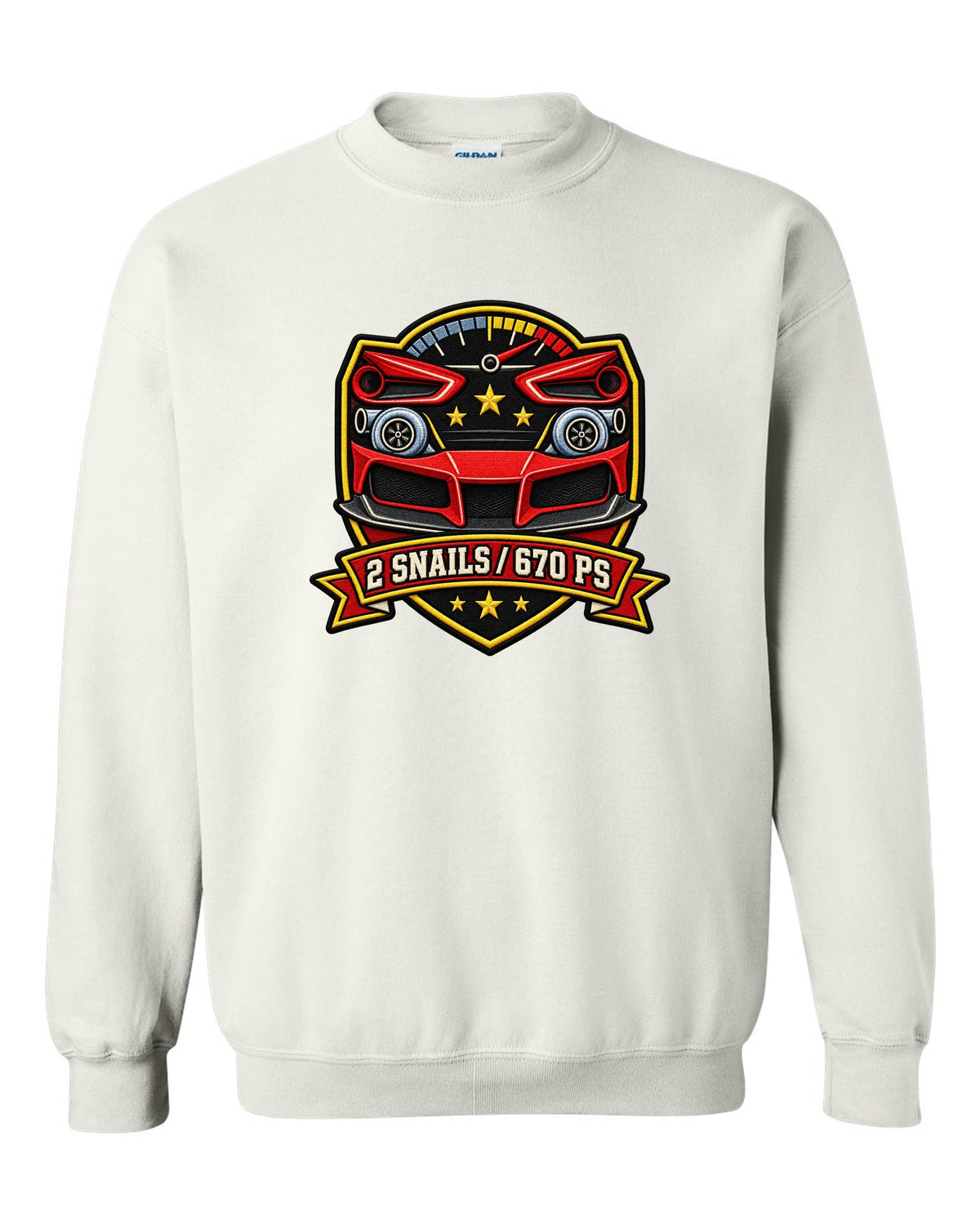 Shield layout for the Ferrari 488 GTB with 2 snails and 670 PS text white crewneck front view with the design