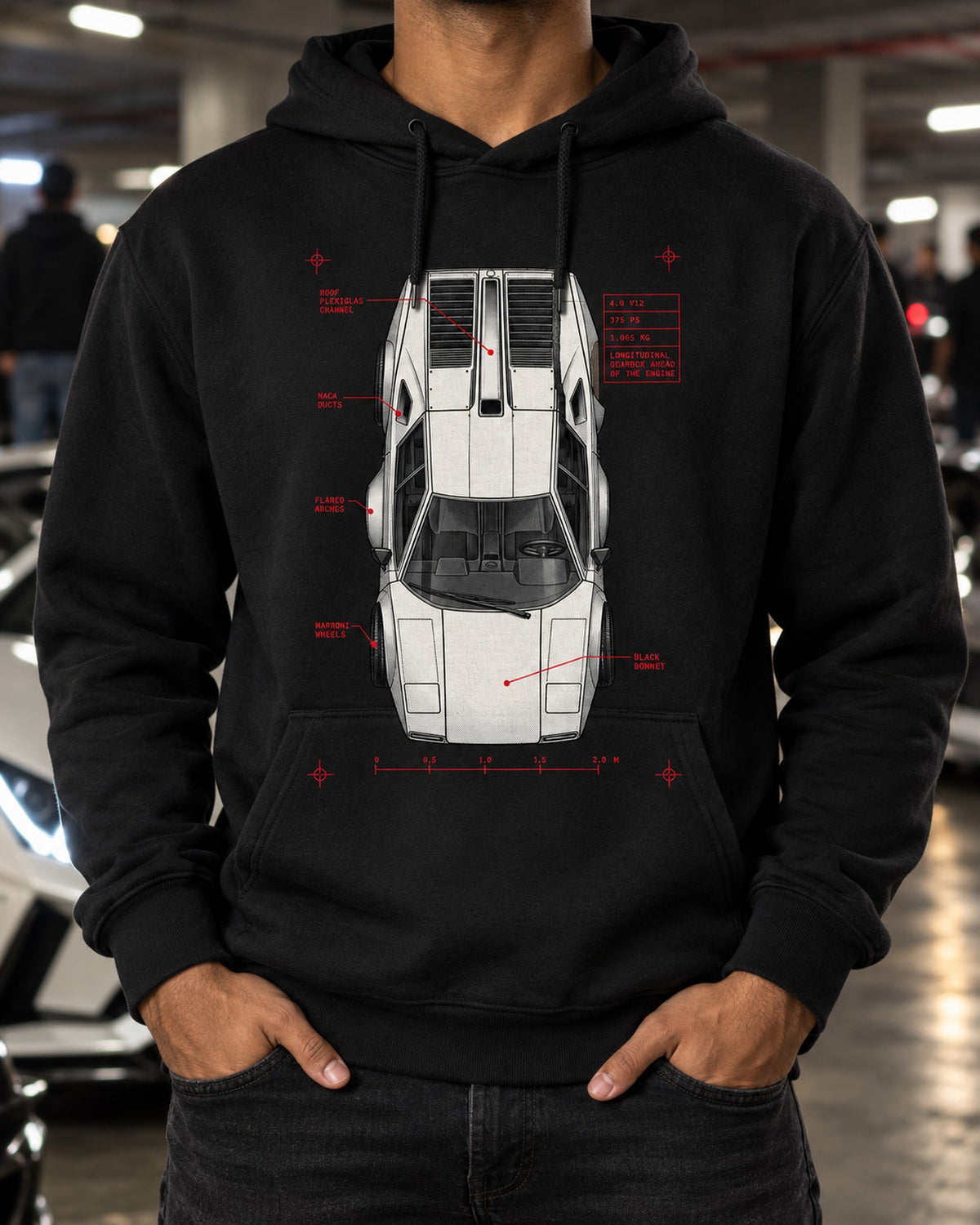 Countach LP400 Spec Plan Shirt, 4.0 V12 375 PS Car Tee Pull Over Hoodie Black worn hero