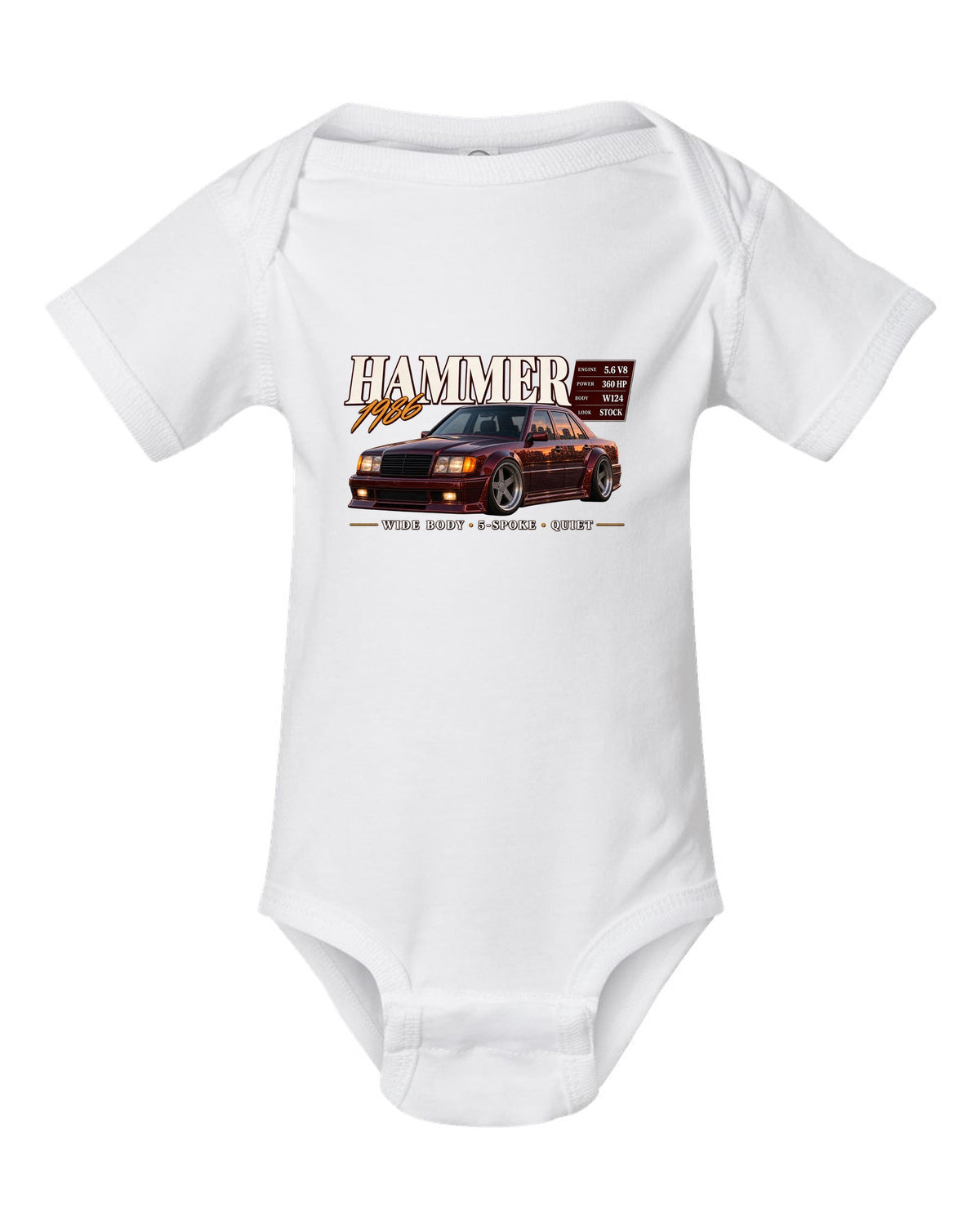 print archive panel of a Mercedes W124 300E 5.6 Hammer with text 5.6 V8 sleeper wide body white baby onesie front view with the design