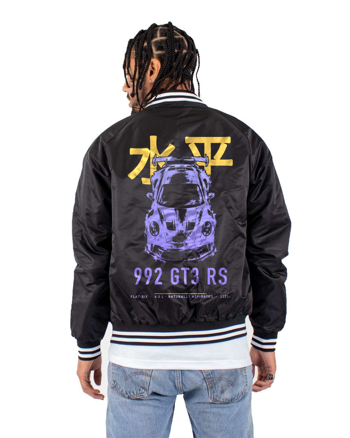 992 GT3 RS FLAT-SIX Full-Back Graphic Tee Bomber Jacket Black back