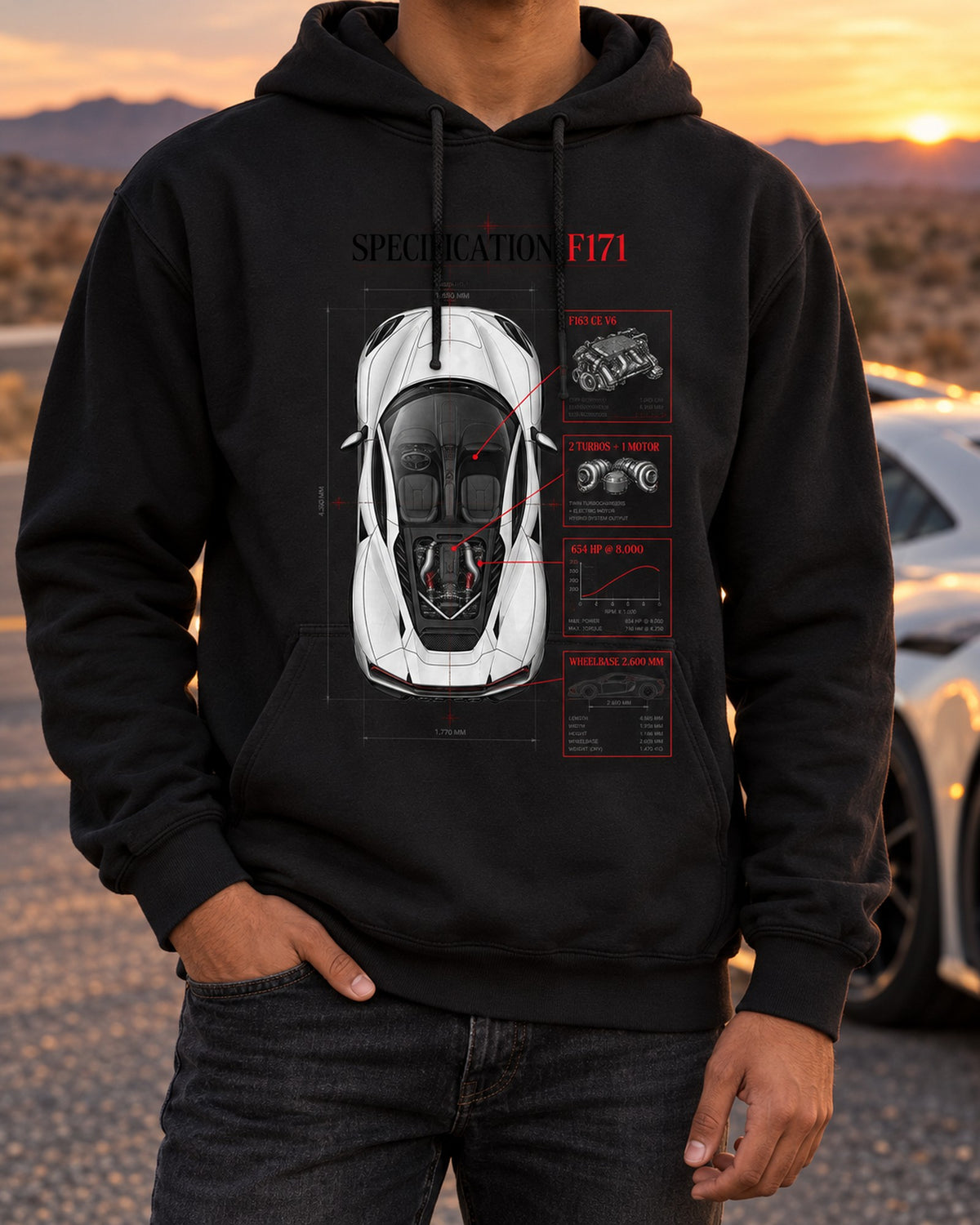 Ferrari 296 GTB F171 Top-Down Spec Poster Shirt Pull Over Hoodie Black worn hero