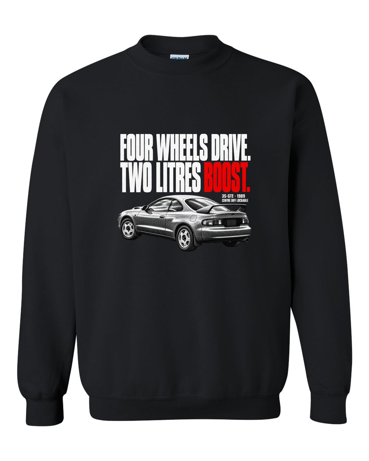 Halftone print of a Toyota Celica GT-Four ST185 with 3S-GTE and centre diff text black crewneck front view with the design