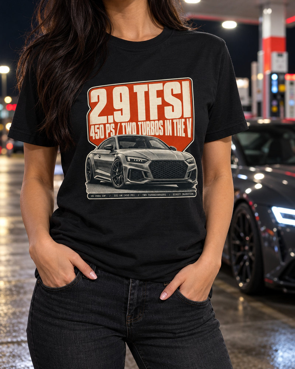Audi RS5 Coupe B9 Halftone Tee, 2.9 TFSI Twin-Turbo V6 T-Shirt Black worn hero
