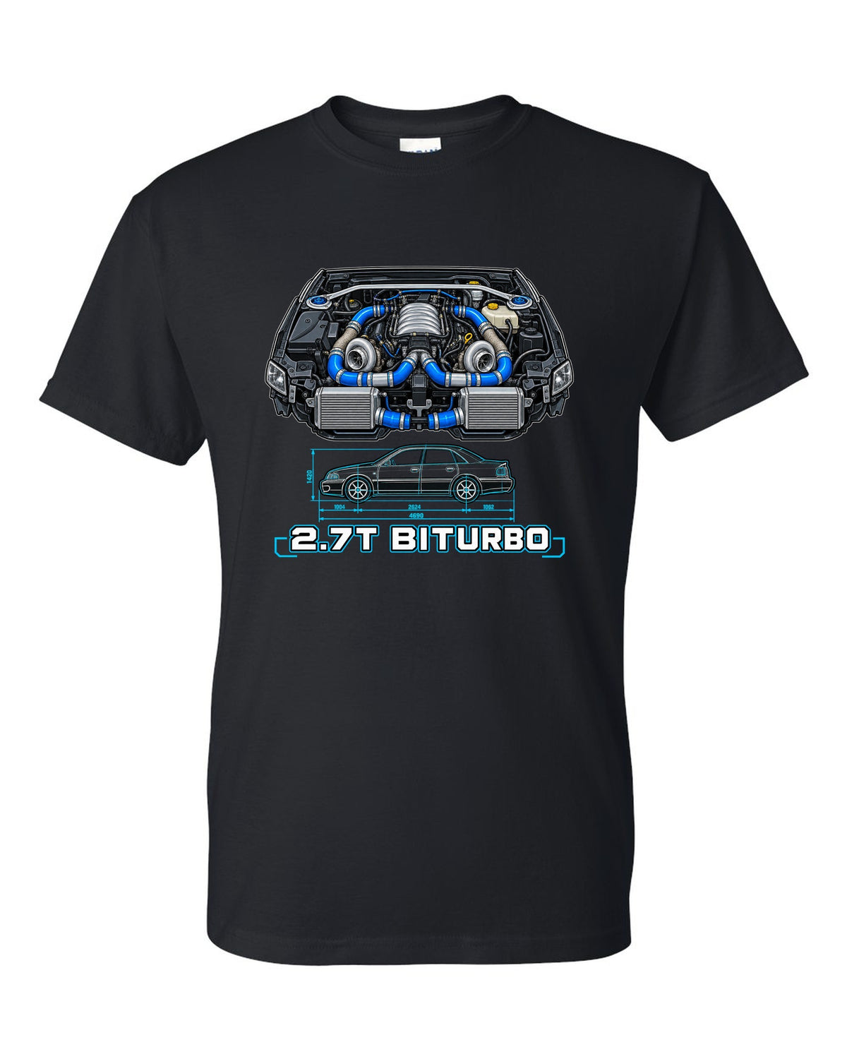 Technical blueprint print of an Audi S4 B5 with 2.7T Biturbo text black t-shirt front view with the design