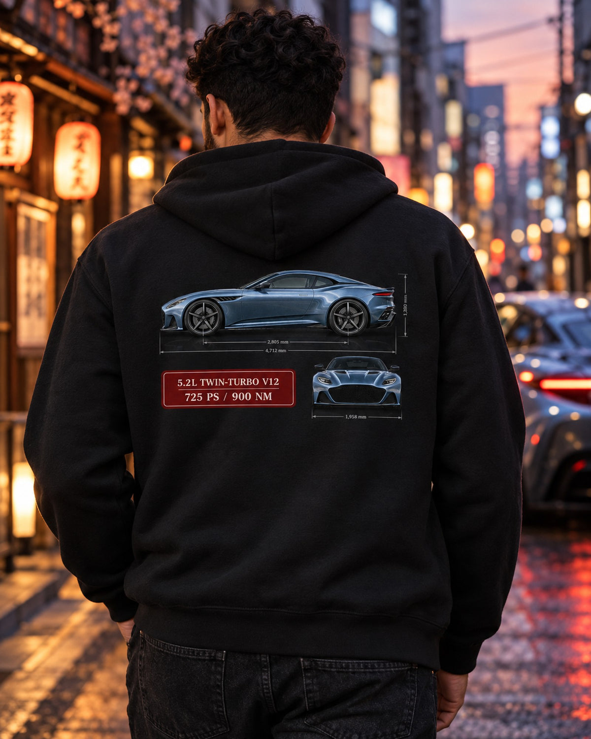 DBS Superleggera Spec Sheet Shirt, Aston Martin 5.2 Twin-Turbo V12 Zip Hoodie Black worn hero