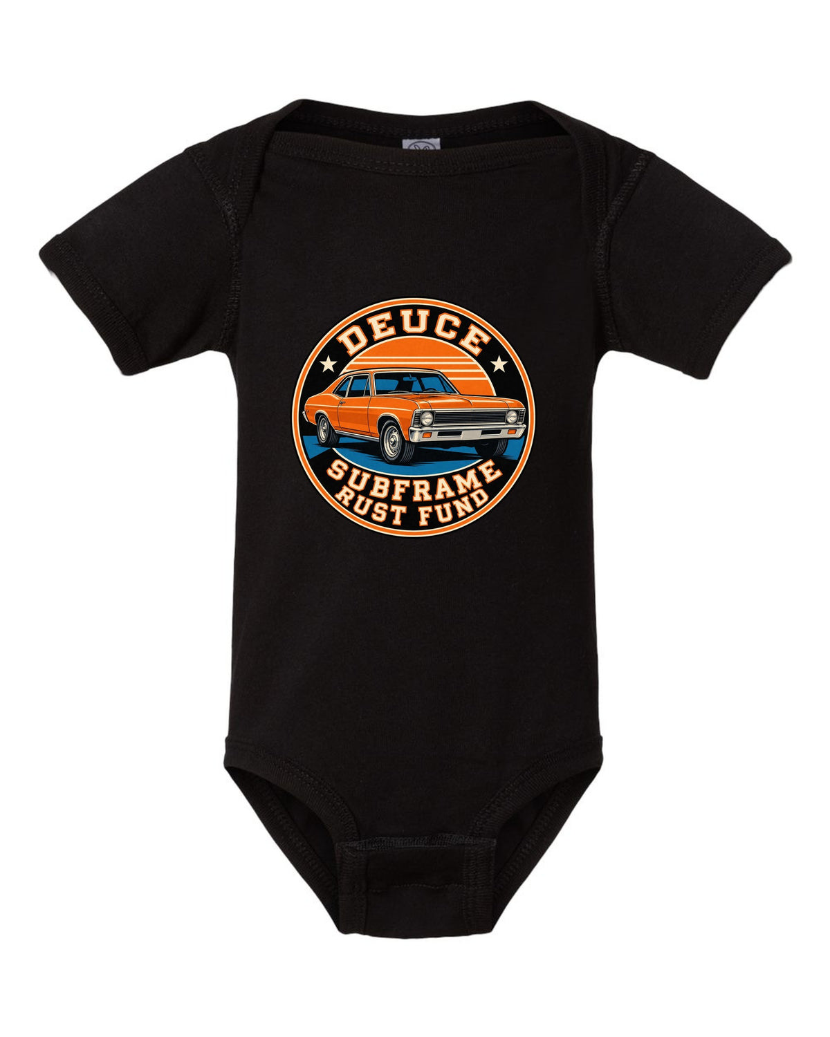 1968 Nova X-body in a round varsity crest with text Deuce Subframe Rust Fund black baby onesie front view with the design