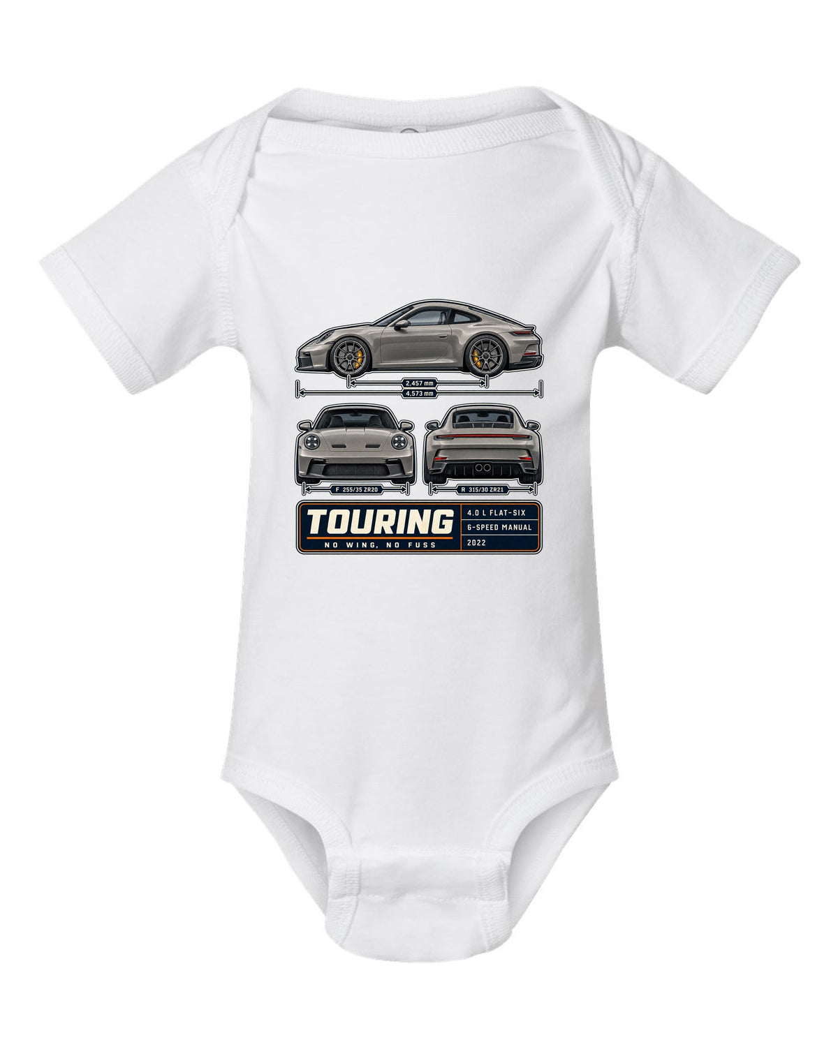 Porsche 992 GT3 Touring three-view spec table print design white baby onesie front view with the design