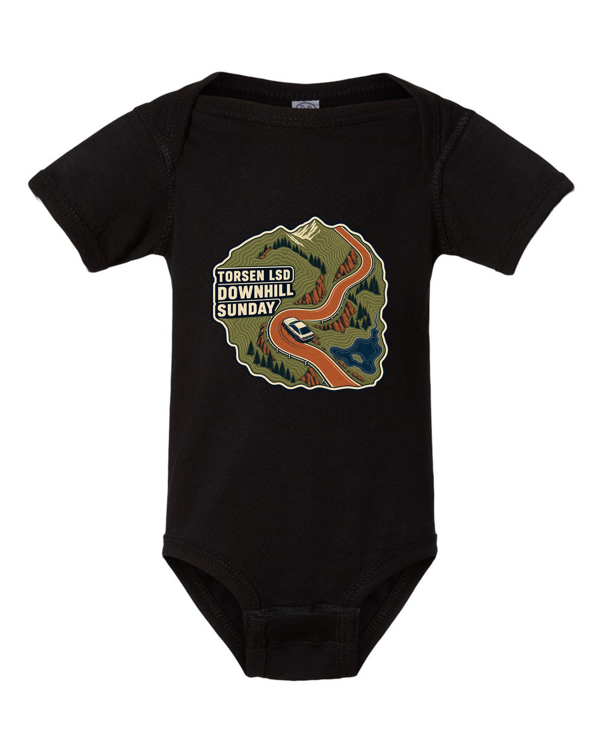Topographic route map print for a Hyundai Genesis Coupe BK2 with Torsen LSD downhill Sunday text black baby onesie front view with the design