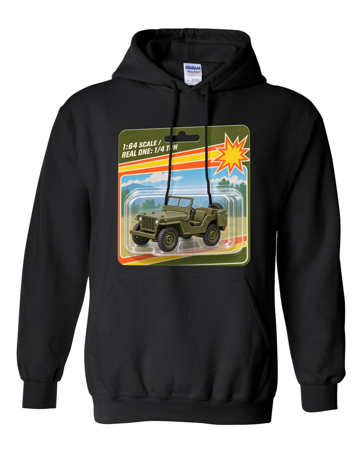 Toy blister card style print of a Willys MB with 1:64 scale text black pull over hoodie front view with the design