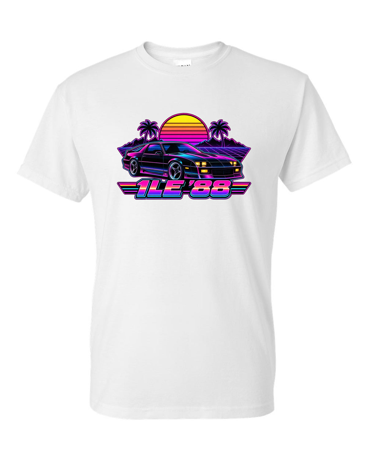 1988 Camaro 1LE third-generation against a synthwave grid horizon with a striped sun and the text 1LE '88 white t-shirt front view with the design