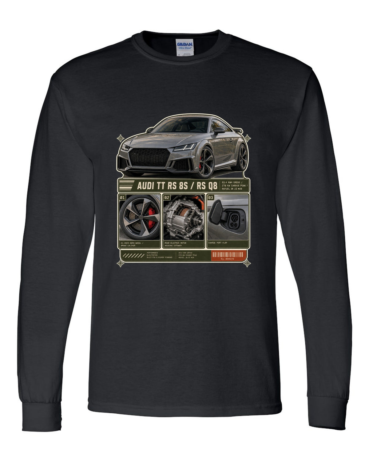 Audi RS e-tron GT dossier panels with wheel, motor and charge port print design black long sleeve front view with the design