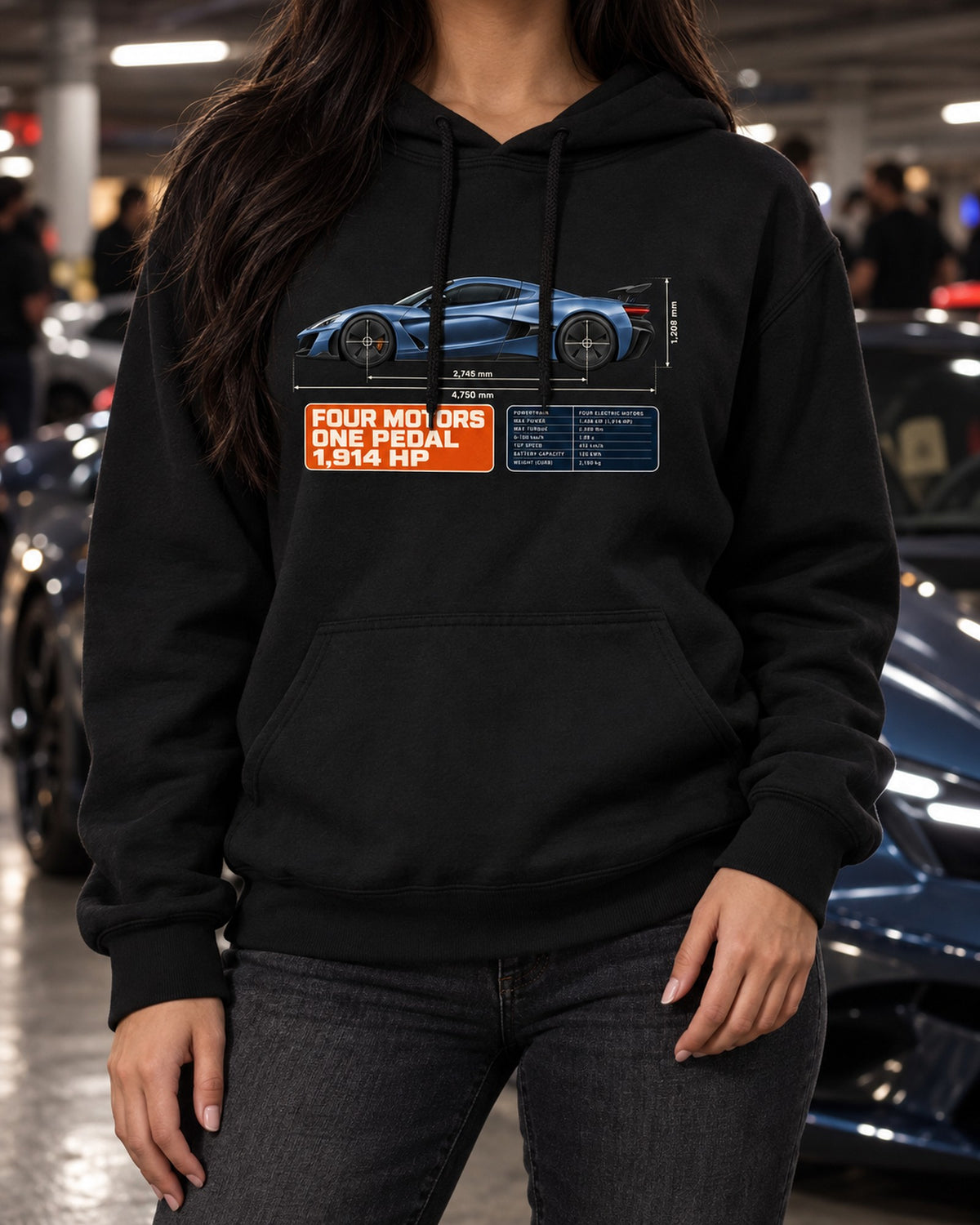 Rimac Nevera Dimension Blueprint Shirt, 1,914 HP Electric Hypercar Pull Over Hoodie Black worn hero