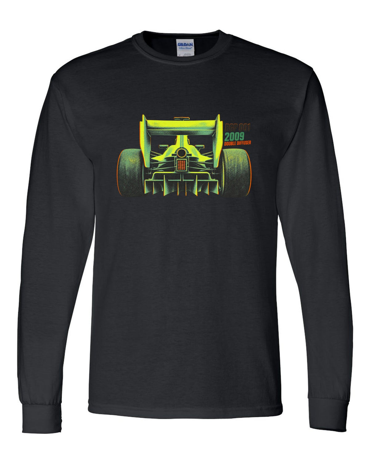 Risograph style Brawn BGP 001 Formula 1 car with double diffuser lettering black long sleeve front view with the design