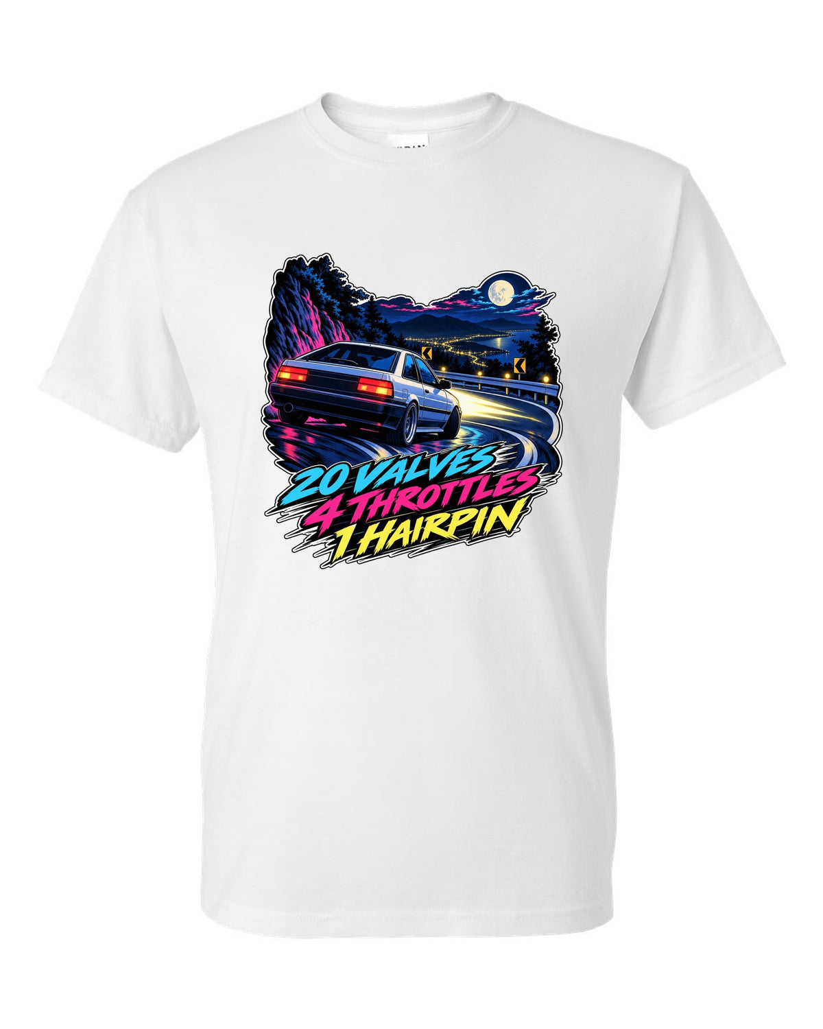 Cel-shaded 90s anime night touge scene of a Toyota Corolla AE101 with valves and throttles lettering white t-shirt front view with the design
