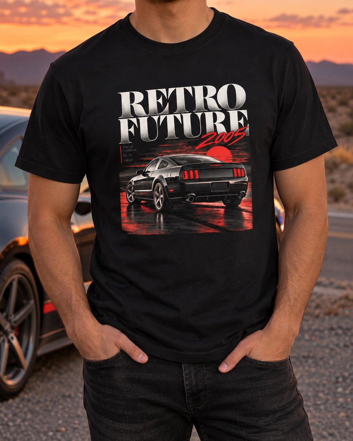 Ford Mustang S197 GT Fastback Retro Future Editorial Tee T-Shirt Black worn hero