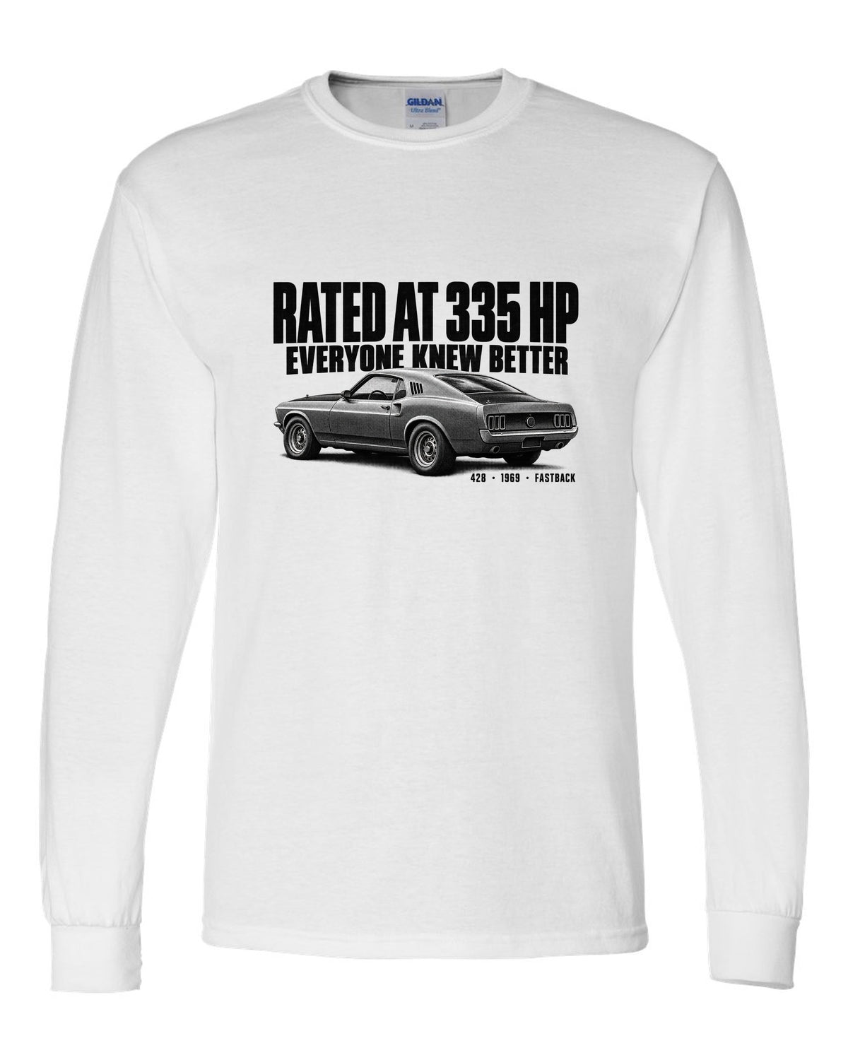 Halftone illustration of a 1969 Ford Mustang fastback with rated at 335 HP lettering white long sleeve front view with the design