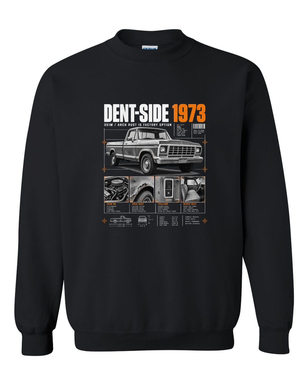 Ford F-150 Dent-Side 1973 351M Rust Dossier Panel black crewneck front view with the design