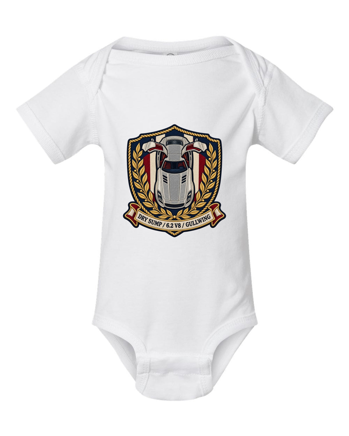 Embroidery style shield crest showing an overhead Mercedes SLS AMG C197 with gullwing doors open white baby onesie front view with the design