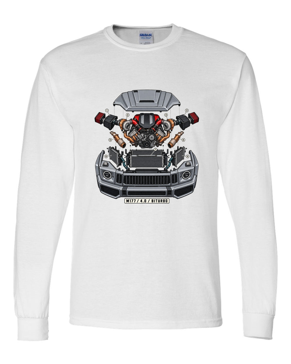Isometric exploded engine cutaway graphic reading M177 4.0 Biturbo for the Mercedes G63 W464, print white long sleeve front view with the design