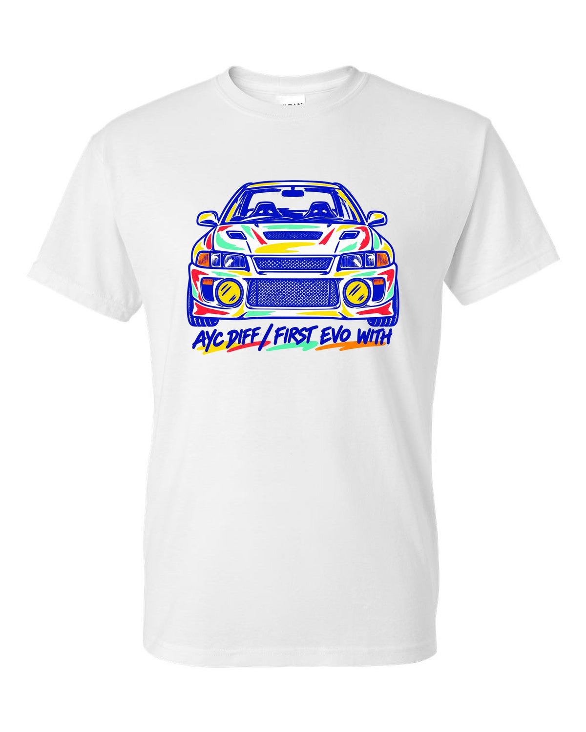 Mono-line napkin sketch of a Mitsubishi Lancer Evolution IV CN9A white t-shirt front view with the design