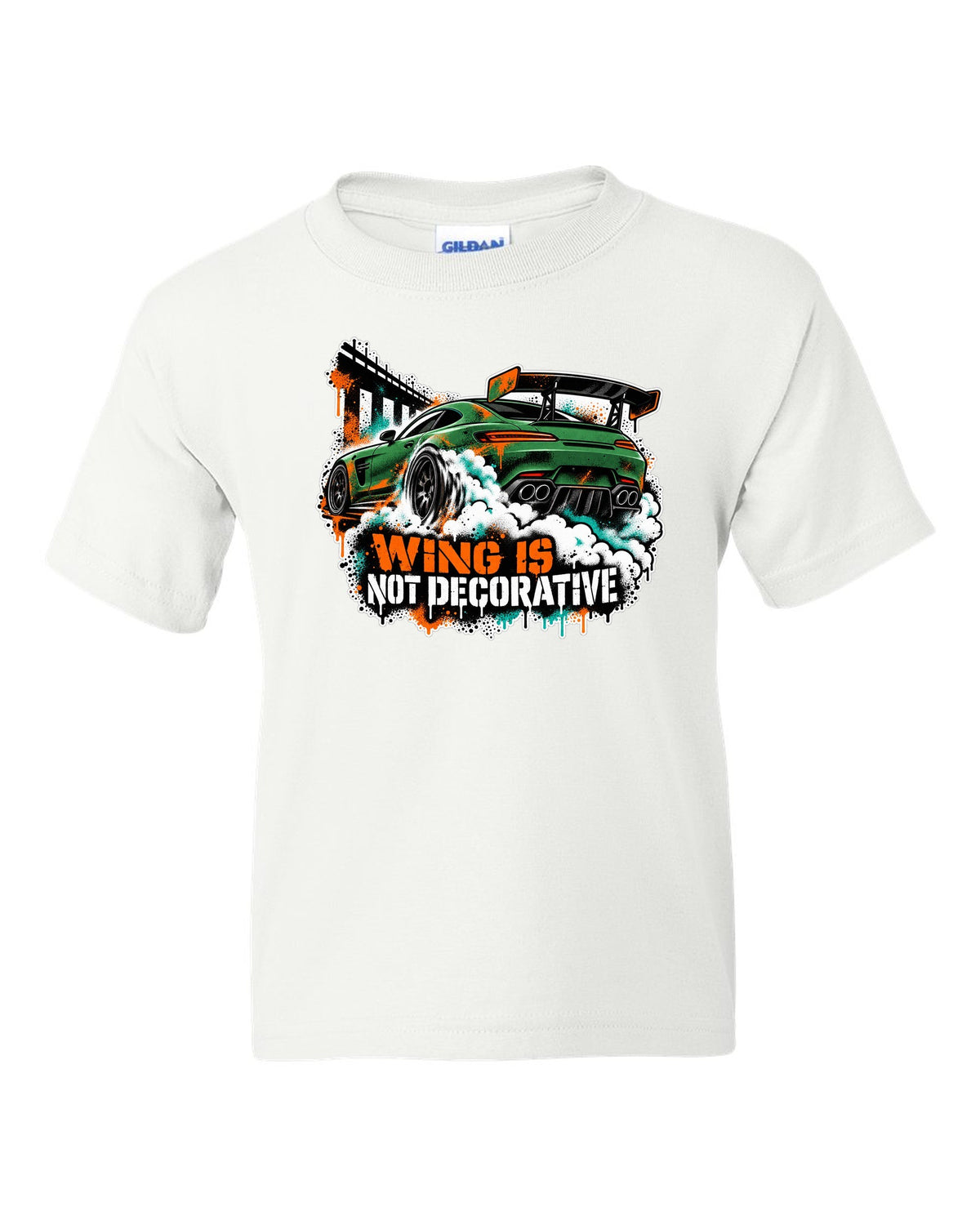 Risograph spot colour illustration of a Mercedes AMG GT R C190 in a garage with Track Day Monday Bill text white kids tee front view with the design