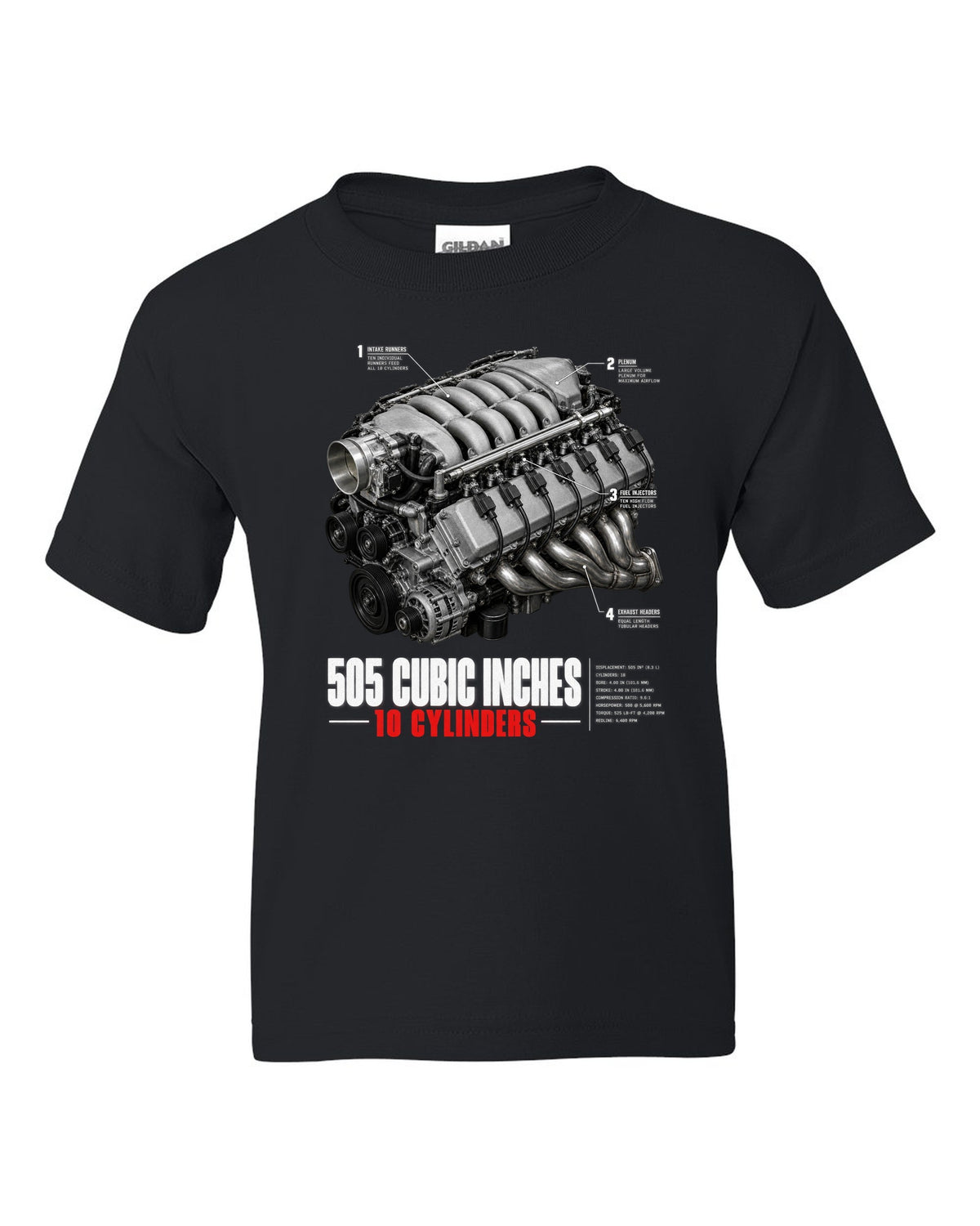 Dodge Viper SRT-10 ZB I 8.3L V10 engine hero print with 505 cubic inches lettering black kids tee front view with the design