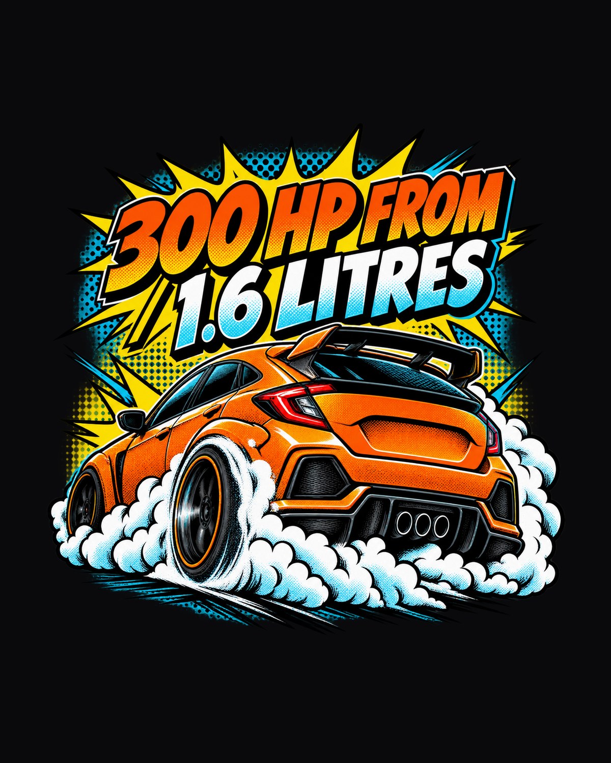 Toyota GR Corolla Burnout Pop-Art Hatch Tee, 300 HP 1.6L design only