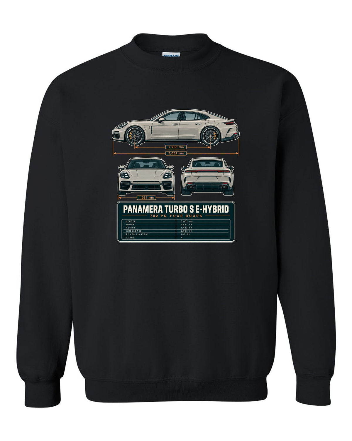 Three-view print of a Porsche Panamera Turbo S E-Hybrid G3 with 782 PS spec table black crewneck front view with the design