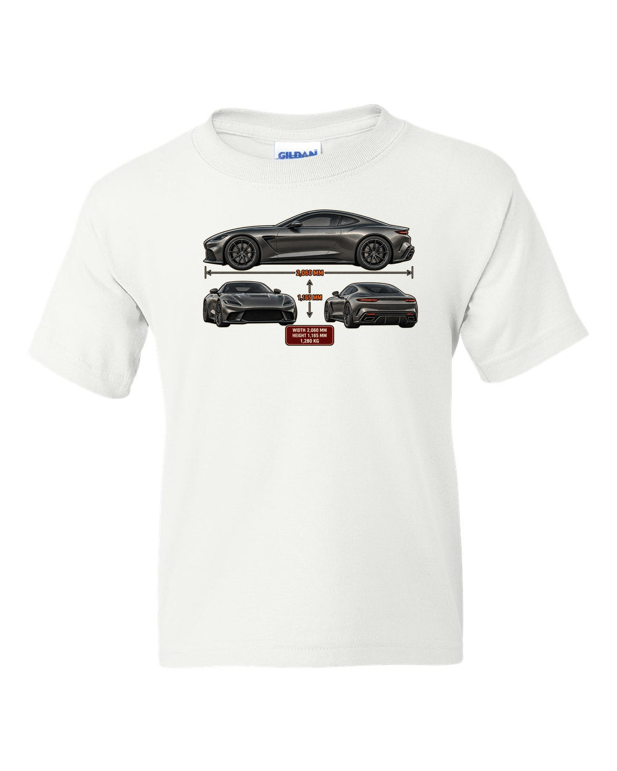 Three-view spec sheet print of the Pagani Utopia coupe with width 2,060 mm, height 1,165 mm, 1,280 kg white kids tee front view with the design
