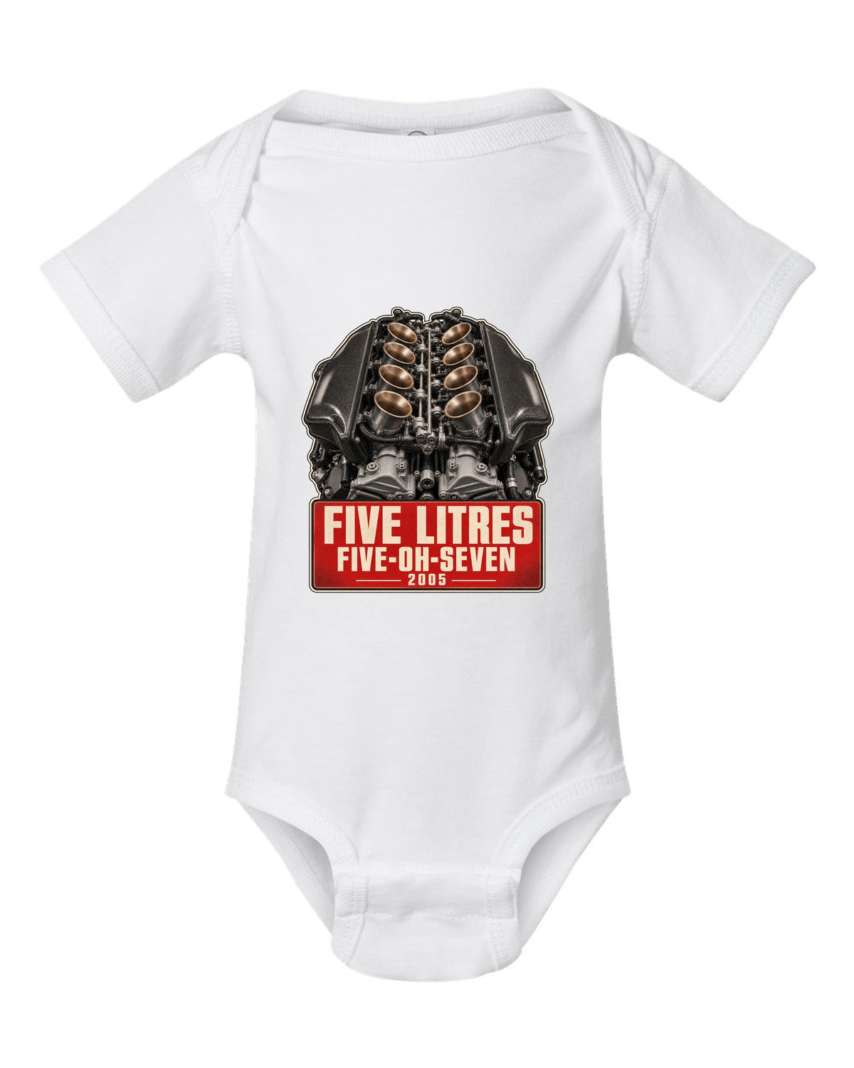 BMW M5 E60 S85 V10 engine poster-style print white baby onesie front view with the design