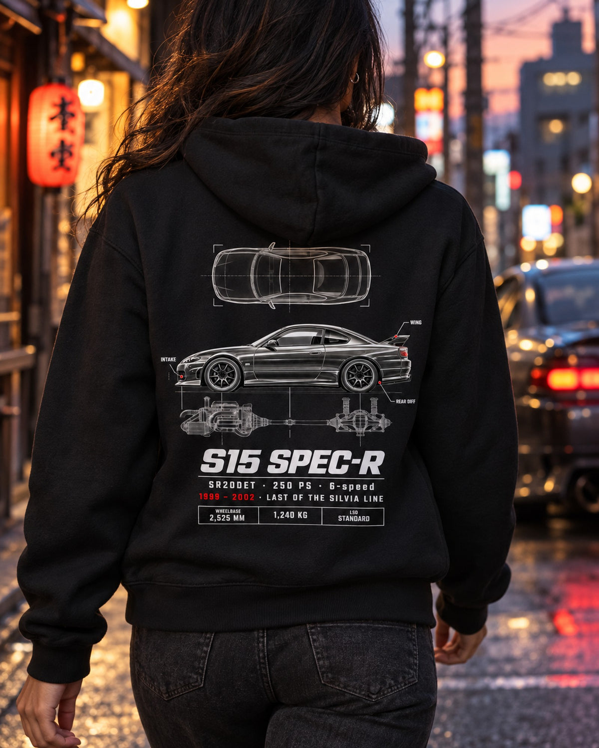 S15 Silvia Spec-R Spec Sheet Poster Tee, 1999-2002 Nissan Zip Hoodie Black worn hero