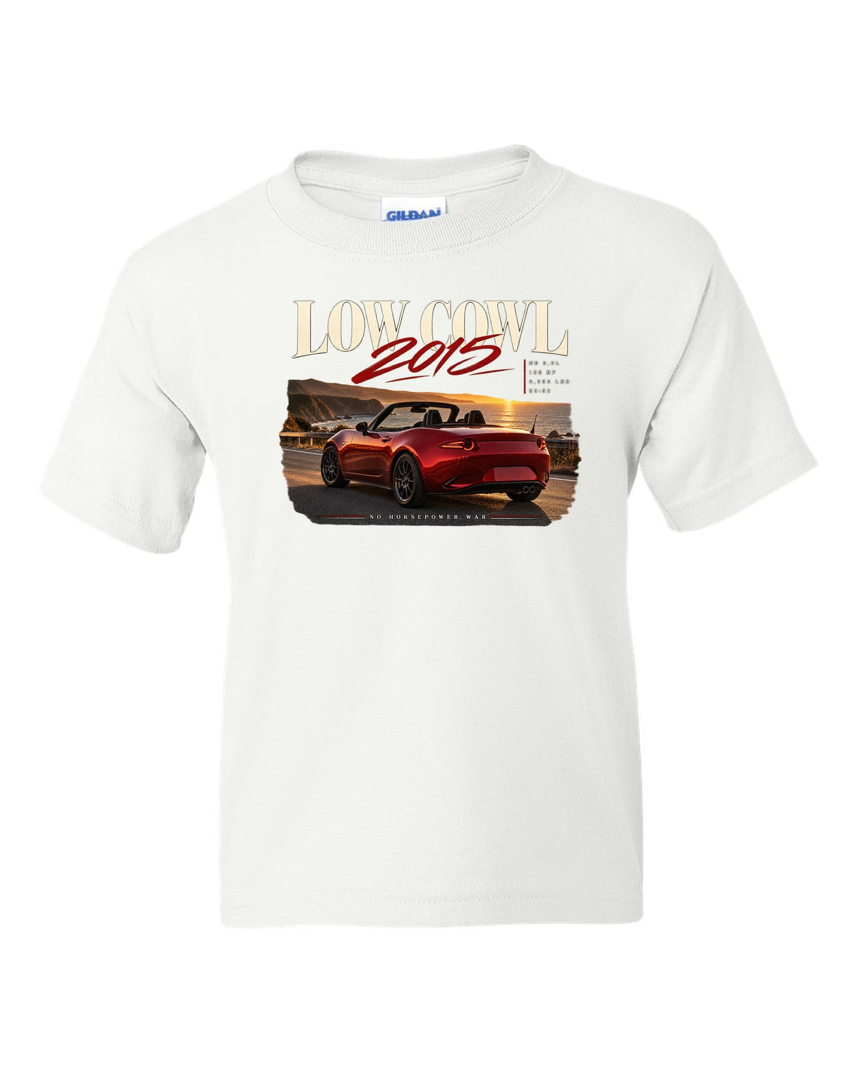 Editorial headline print of a red Mazda MX-5 ND roadster with low cowl text white kids tee front view with the design