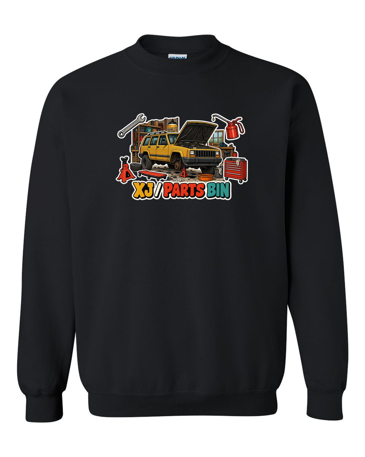 Sticker-bomb die-cut collage print around a Jeep Cherokee XJ labelled Parts Bin black crewneck front view with the design